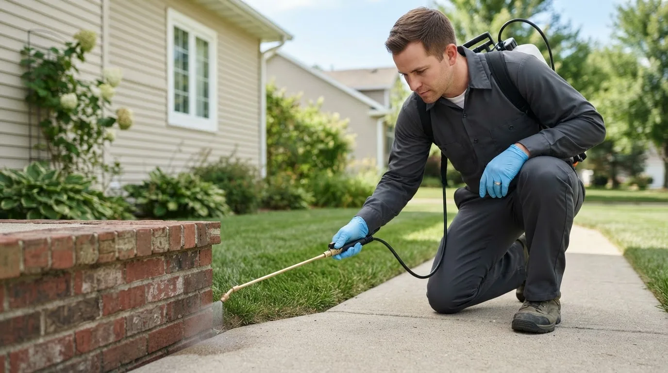 Pest control technician treating a home near Russell, PA